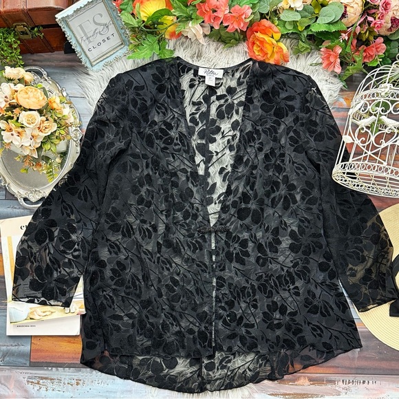 Patra Tops - Patra Black Burnout Velvet Floral Sparkly Sheer Elegant Overshirt, 20